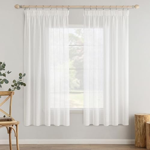 MIULEE Gardinen 2er Voile Vorhang Leinenoptik Kräuselband 140x175cm Weiß | Leinenoptik Voile mit Kräuselband, lichtdurchlässig & blickdämpfend, einfach aufzuhängen für Wohn- und Schlafzimmer