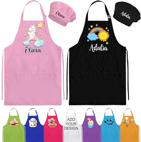 GBVllexuii Personalisierte Schürze für Kinder mit individuellem Namen und verstellbarer Kochmütze für Küche, Backen, Malen, Mehrere Farben, M-L