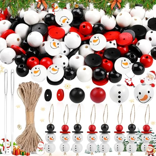 Weploda Pupazzo Neve Perline In Legno, 20mm Perline Legno Natale, Perline Natalizie In Legno Con Spago 10 m, Pupazzo Neve Perle Legno Per Artigianato Fai Da Te, Palline Legno Con Faccine Decorazioni