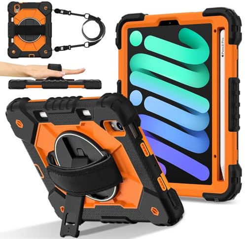 Voyage sur tablette Étui compatible avec iPad Mini 7 (A17 Pro) 2024/Mini 6 8,3 pouces 2021 avec porte-crayon, support de poignée multifonction rotatif à 360 degrés + bandoulière, étui de protection an
