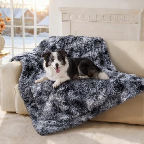 Luciphia Large Waterproof Dog Blanket for Pet Washable Liquid Proof Bed Intimacy Protection Shaggy Plush Calming Long Faux Fur Couch Cover Calming Cat Throw Blankets, Tie-dye Grey, 50 x 60