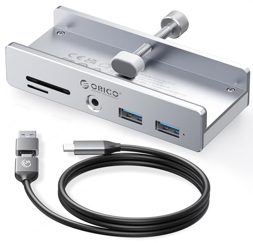 ORICO USB Hub 3.0, Clamp USB Hub with Extra Power Port, Aluminum USB C Adapter with 2 USB-A Data Ports,3.5mm AUX, SD/TF Card Reader for Desktop