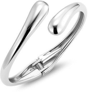 Bangle Silver Bracelets for Women Chunky Thick Teardrop Waterdrop Cuff Bangle 925 Sterling Silver Adjustable Bracelet Large Wide Smooth Curved Open Bangles Statement Bracelets for Women Lady Jewelry