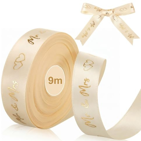 Xinnun Hochzeit Schleifenband 9 m x 15 mm Hochzeit Geschenkband, Gold | Mr & Mrs Deko Hochzeit Geschenkband, Herz Satinband, Hochzeitsband für Hochzeitsdeko, Geschenkpapier Hochzeit DIY