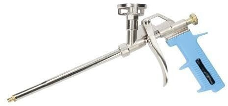 Pistolet à mousse de polyuréthane, corps en aluminium nickelé, gâchette à débit réglable, poignée ergonomique, pression maximale 8 MPa, pour applications d'étanchéité et d'isolation.