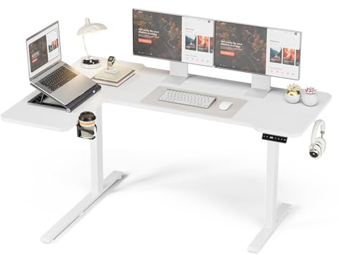 Acrolix Hörnskrivbord höjdjusterbart skrivbord L form, 150 x 100 cm elektriskt justerbar höjd, ergonomiskt skrivbord L med mugghållare och krokar, stabilt kontorsbord, vitt