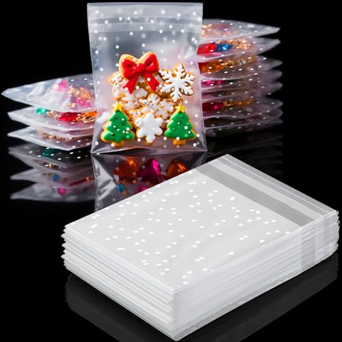 Mbsomnus 200 Stk Cellophantüten Selbstklebend 7x7 cm Zellophantüten | Süssigkeiten Tüte, Klarsichttüten Klein, Tupfe, Plastiktüten Transparent, Weihnachten Kekstüten, für Keks, Bonbon, Halloween