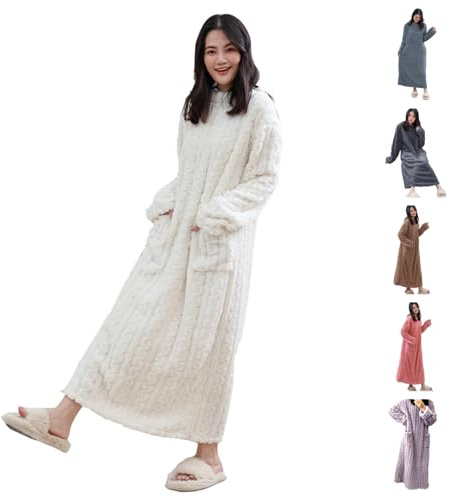 Generico Camicia da Notte Donna Lunga in Pile Corallina,Abbigliamento da Casa Ampio a Maniche Lunghe con Tasche,Vestaglia bianca Morbido e Confortevole,Pigiama Caldo per l'Autunno/Inverno