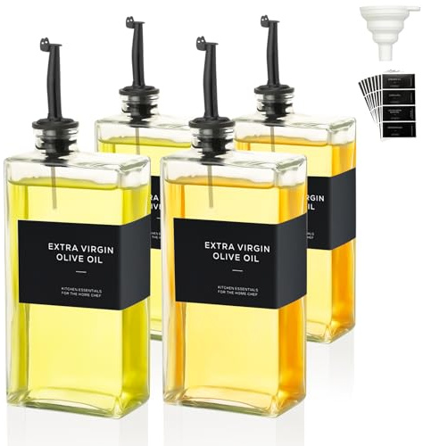 VINATO 4 Piezas 500ml Botella Aceite de Cristal, Con Embudo*1, Etiquetas*36, Aceitera y Vinagrera Botella Aceite Rellenable Para Cocina Y Bar
