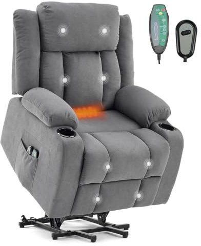 LEADZM Fernsehsessel Relaxsessel mit Aufzug Elektrisch Massagesessel | mit Liegefunktion Aufstehhilfe, Massage Heizung 2 Seitentaschen Getränkehalter, Liegen TV Sessel, Dunkelgrau