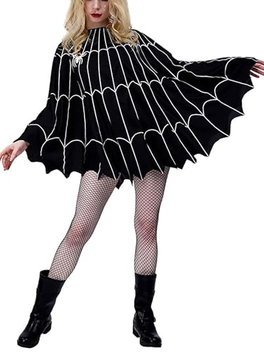 Anuedgis Damen Spinnennetz-Poncho Schal Lustiger Halloween-Umhang Kostüm Gothic Umhang Tops Cosplay Outfit Mottoparty Dress Up, A-schwarz, One size