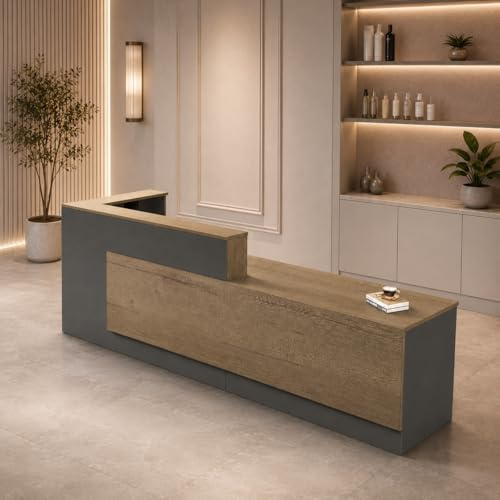 79/200CM L-Shaped Reception Desk with Cabinets, Drawers, Open Shelves, Keyboard Tray, Large Front Reception Desk, Office Reception Counter for Office, Salon, Lobby, Beauty,Clinic, Shop and Studio
