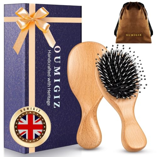 OUMIGIZ Mini Boar Bristle Hair Brush British Craftsmanship Handmade | Natural Wooden Small Hairbrush, Gentle Detangling Women Men Kids Curly Thick Fine Frizzy Hair, Smoothing Styling Brush
