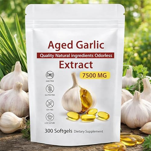 Estratto d'aglio invecchiato 2 anni 500 mg, 300 capsule molli | Formula concentrata 15:1 equivalente a 7.500 mg di aglio | Inodore e adatto ai social | Vegano, Non OGM, Senza Glutine (1)