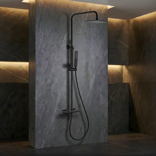 IMEX - Columna Ducha Negra Termostatica con Grifo | Conjunto de Ducha con Alcachofa y Rociador Antical Efecto Lluvia | Griferia en Latón y Acero Inox S.304 con Barra Extensible | Serie Toscana