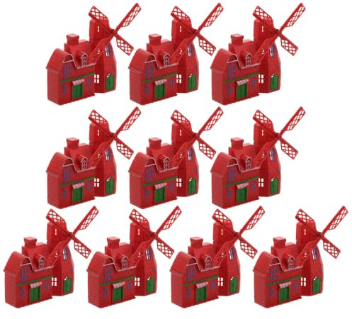 MAGICLULU Lot de 10 Moulins à Vent Décoratifs Rouges en Plastique, Modèle Ornemental Vintage Réaliste pour Décoration de Jardin Féerique et Maisonnettes