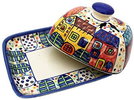 Gall&Zick Mantequera con tapa, cerámica multicolor pintada a mano, campana de mantequilla, hecha a mano de cerámica, para un trozo de mantequilla normal de 250 g, apto para lavavajillas (Village)