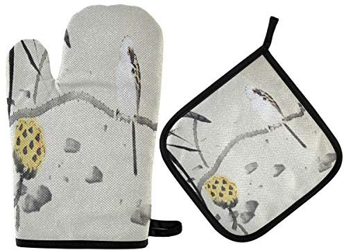 MNSRUU Ofenhandschuhe und Topflappen zum Bemalen von Vögeln, rutschfest, hitzebeständig, mit Schlaufe zum Aufhängen