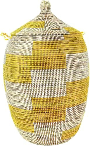 YAADU Wäschekorb mit Deckel - XXL Wäschesammler, Großer Wäschekorb, Wäschebehälter, Wäschetonne, Korb mit Deckel, Wäscheboxen, Afrikanischer Korb (Gelb)