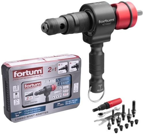 Fortum Rivettatrice 2-in-1 per avvitatrice a batteria e trapano I Rivettatrice per rivetti ciechi e dadi in alluminio, acciaio e acciaio inox I Per rivetti ciechi 2,4-6,4mm + inserti M3-M12