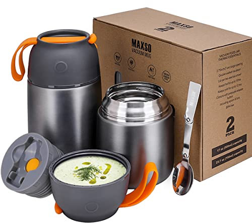 Thermobehälter für Essen 500ml & 700ml Edelstahl Warmhaltebebehälter mit faltbaren Löffel, Speißen, Babynahrung, Suppe, Brei, Joghurt, Thermo Speisgefäß Unterwegs, 2 Isolierbehälter im Set, Grau