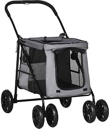 PawHut Carrozzina pieghevole per cani gatti cuscino incluso ruote con freno tessuto 600D Oxford acciaio 102 x 62 x 105 cm grigio