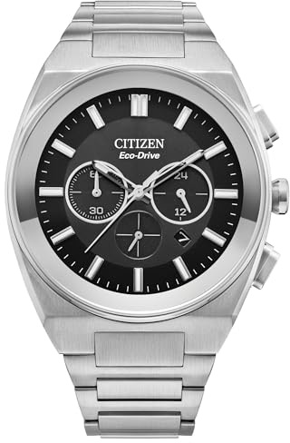 Citizen Men's Eco-Drive Modern Axiom Chronograph Silver Stainless Steel Watch, Black Dial (Model: CA4580-50E)