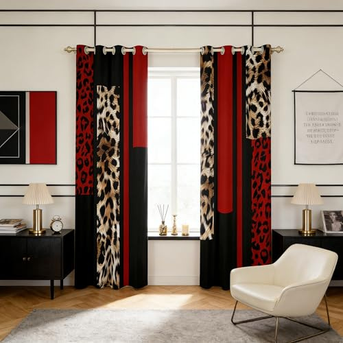 Leopard Print Window Curtains,Abstract Wlid Cheetah Skin Rustic Window Drapes for Girls Women,Geometric Stripes Patchwork Fashion Red Brown Window Treatments Grommet Top 2 Panel Set,42Wx90L inch