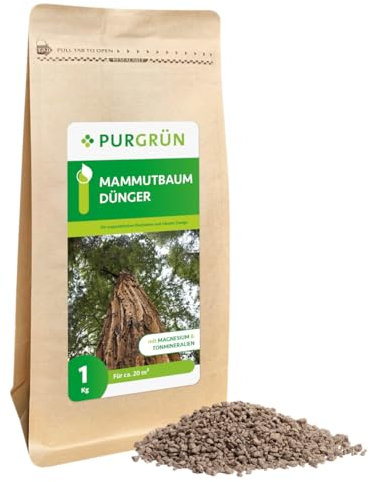 Purgrün® Mammutbaum-Dünger 1 kg – Extra Magnesium für schützt vor Nadelverfärbungen – Verbessert die Bodenqualität mit Tonmineralien – Feinkörniges Krümelgranulat für 3-4 Mammutbäume – chloridarm