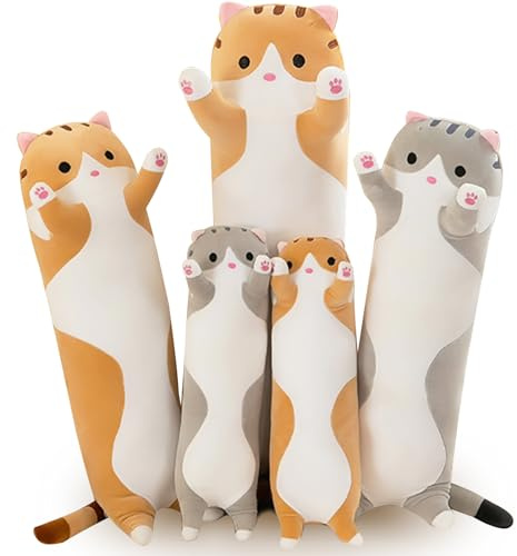 Bobomon Katt gosedjur, tygdjur, katt, lång kudde, stor XXL, Kawaii, stor plyschdjur, plyschkatt, söt sidosovkudde, katt, plysch (grå 130 cm)