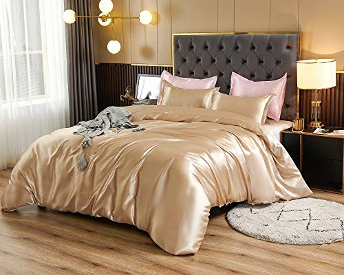 Pride Beddings Satin Duvet Cover Comforter King Size 3 Piece Soft Satin Silk Like Comforter Cover, Ultra Soft and Breathable Bedding Set with Zipper Closure & Corner Ties Beige