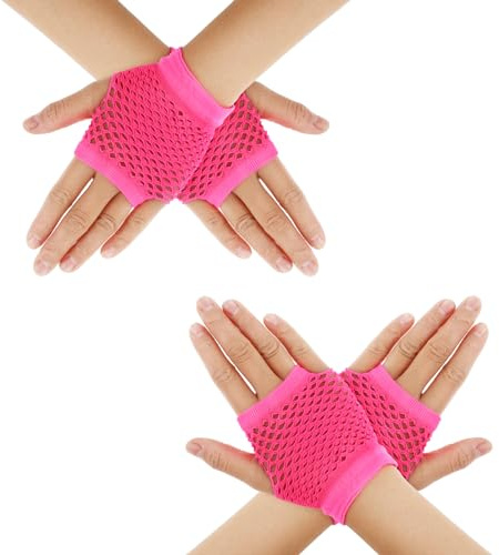 DIVINA VITAE 2 Paar Netzhandschuhe Rosarote Kurze Fingerlose Mesh Handschuhe Fishnet Rhinestone Gloves Damen Nylon Fischnetz Fingerlose Handschuhe Geeignet für Damen Party Geburtstag