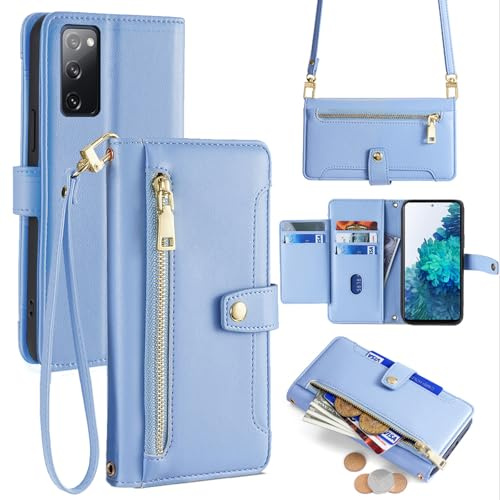 betterfon Handykette kompatibel mit Samsung Galaxy S20 FE | Leder Handyhülle mit Kartenfächern | Handyhülle zum Umhängen | Hellblau