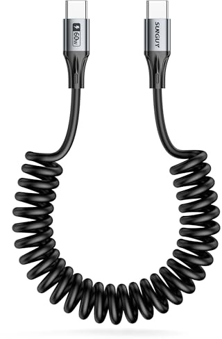 SUNGUY Cavo a spirale USB C, 2 pezzi 1,5 m. Lunghezza di estensione consigliata: 0,4 m 1 m: cavo da 60 W per Android Auto, iPhone 16 Pro Max Plus, Galaxy S24, Google Pixel, iPad Pro, MacBook – grigio