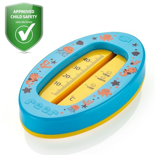 reer Thermomètre de bain ovale pour bébé | Thermomètre de bain sans danger pour les enfants | Température de bain optimale pour la baignoire | Sans mercure | Plage de mesure élevée | Échelle claire |