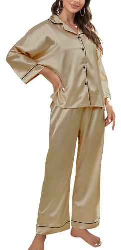 ACWOO Women's Silk Pyjama Set, Classic Silk Satin Long Sleeve Button Down Pyjamas, Two Piece Silk Pyjamas for Ladies, Soft Silk Satin Pyjama Bride Pjs Set, Comfy Sleepwear and Loungewear Set
