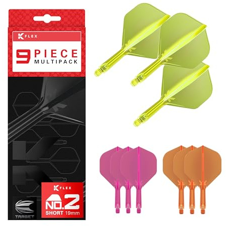 Target Darts K-Flex Integrated Dart Flights and Shafts, Stiel Short Länge (19 mm), Nr. 2-Flug, 9er-Pack, Neonpink, Orange & Gelb