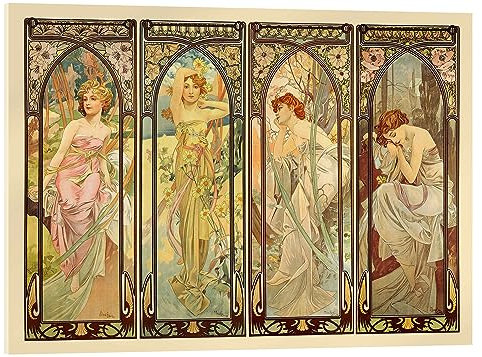 Posterlounge Les heures du jour Tableau en verre acrylique de Alfons Mucha 18 x 13 cm Tableaux Décoration murale