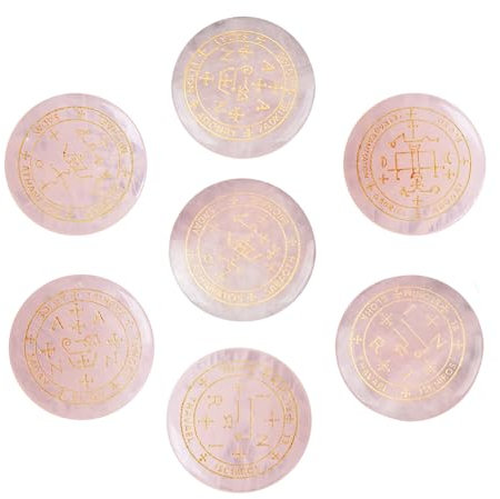 dssmboom Set di 7 cristalli di quarzo rosa lucido incisi simboli dell'Arcangelo magico Wicca pietre per meditazione bilanciamento dei chakra, da collezione e decorativa, pietra tascabile per la