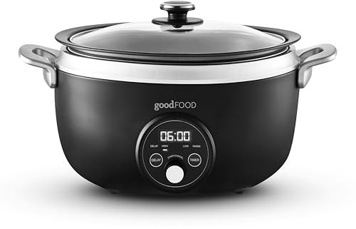 Good Food in partnership with Tower GF16010 3.5L Digital Slow Cooker with 3 Heat Settings, Delay Function & Timer, Removable Aluminium Pot, Tempered Glass Lid, Black with Stainless Steel Accents