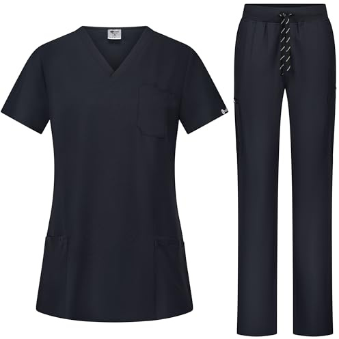 B-well BELLA Conjunto de casaca y pantalón unisex para profesionales sanitarios, ropa de trabajo, con elastano, Negro , L