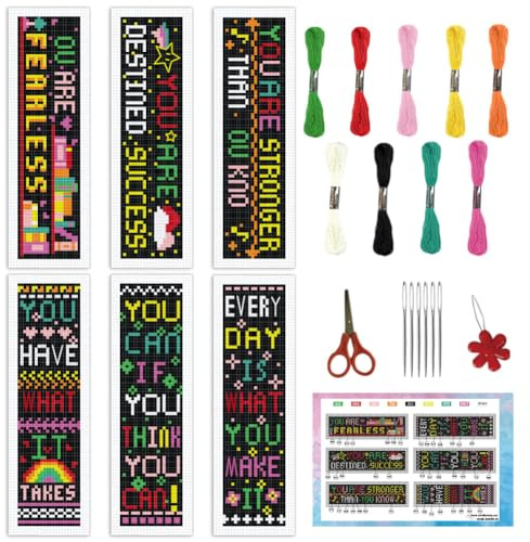 INFUNLY 6 Set Kreuzstich Lesezeichen Set Mit Inspirierenden Worten 8X2.4 DIY Stickerei Lesezeichen Sets Mit Ermutigenden Texten Mit Anleitung Motivierender Lesezeichen Für Teenager Studenten