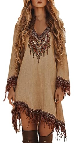 Vhersily Robes Années 70 Femme, Party Fashion - Costume Indien, Fille du Cap, Sauvage West, Costumes de Carnaval, Couvre-maillot de plage Sexy, Tunique d'été, Maillots de bain, Café, XXL