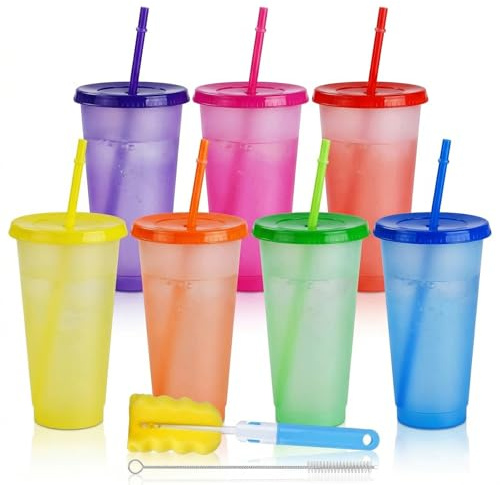 ALINK 7er Set Farbwechsel Becher 710ml, Wiederverwendbare Plastikbecher mit Deckel & Strohhalm, Magische Trinkbecher für Kaltgetränke inkl. Bürsten