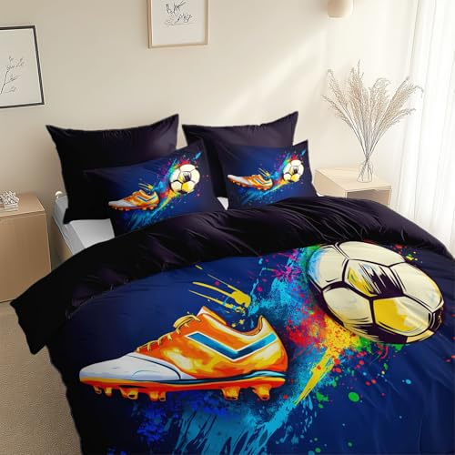 Juego de Ropa de Cama de 3 Piezas, Cama 90-180 x 220 cm Microfibra Suave Transpirable Juego de Fundas Edredón Botas De Fútbol Coloridas con 1 Funda Nórdica + 2 Funda de Almohada Morado Medianoche