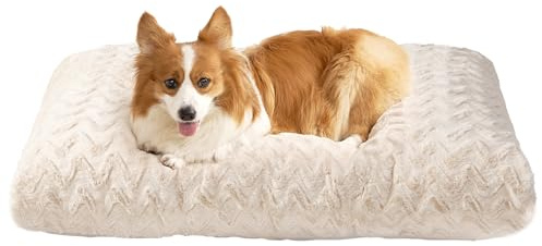 EHEYCIGA Hundebett Grosse Hunde Waschbar, 89x58cm, Hundekissen Flauschig für Mittelgroße Hunde, Kuschelig Umkehrbare Hundematte mit Kunstpelz und Kunstleinen, Beige