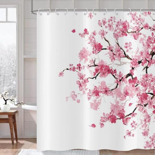 Hnmdmyi Duschvorhang Kirschblüten 180x200, Rosa Blumen Sakura Blühende Pflaume Japanischer Asiatischer Anime Kunststil Badewanne Vorhang Wasserdicht Polyester Stoff Waschbar Badevorhang mit Haken