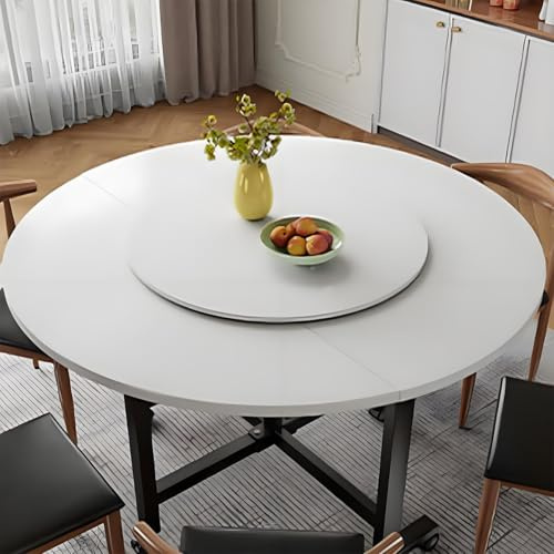 Grand plateau de service rond en bois pour table de salle à manger – 60 cm – Texture marbre – Parfait pour les réunions de famille et les divertissements – Finition blanc chaud
