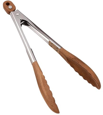 1 Wooden Tongs, Walnut Wood Food Tongs for Toaster, BBQ, Salad, Cooking and Serving, Heat Resistant Kitchen Utensils with Stainless Steel, 9 Inch