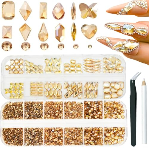 3600pcs Champagne Golden Strass Ongle Nail Art, Glass Cristal Cr Nail Charme Avec Scintillement Dos Plat Perles Rondes, Pierre Bijoux Diamant Nail Art (3600 Champagne doré fond en verre matériel)